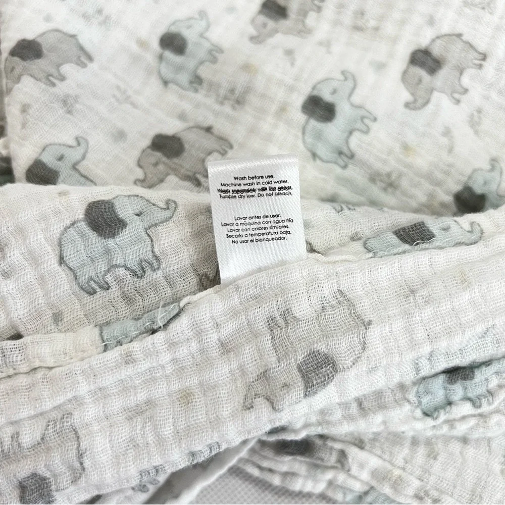 Modern Baby Cotton Elephant Print Baby White Gray Teal Blanket Swaddle 44 X 33 - Picture 3 of 6
